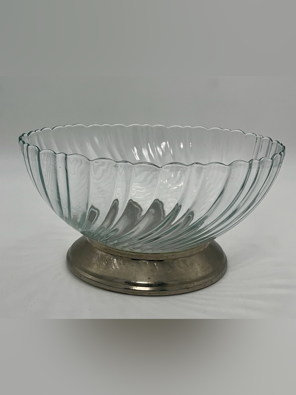 ARCOROC France vintage Glass Fluted Bowl with Silver Tone Base - Clear